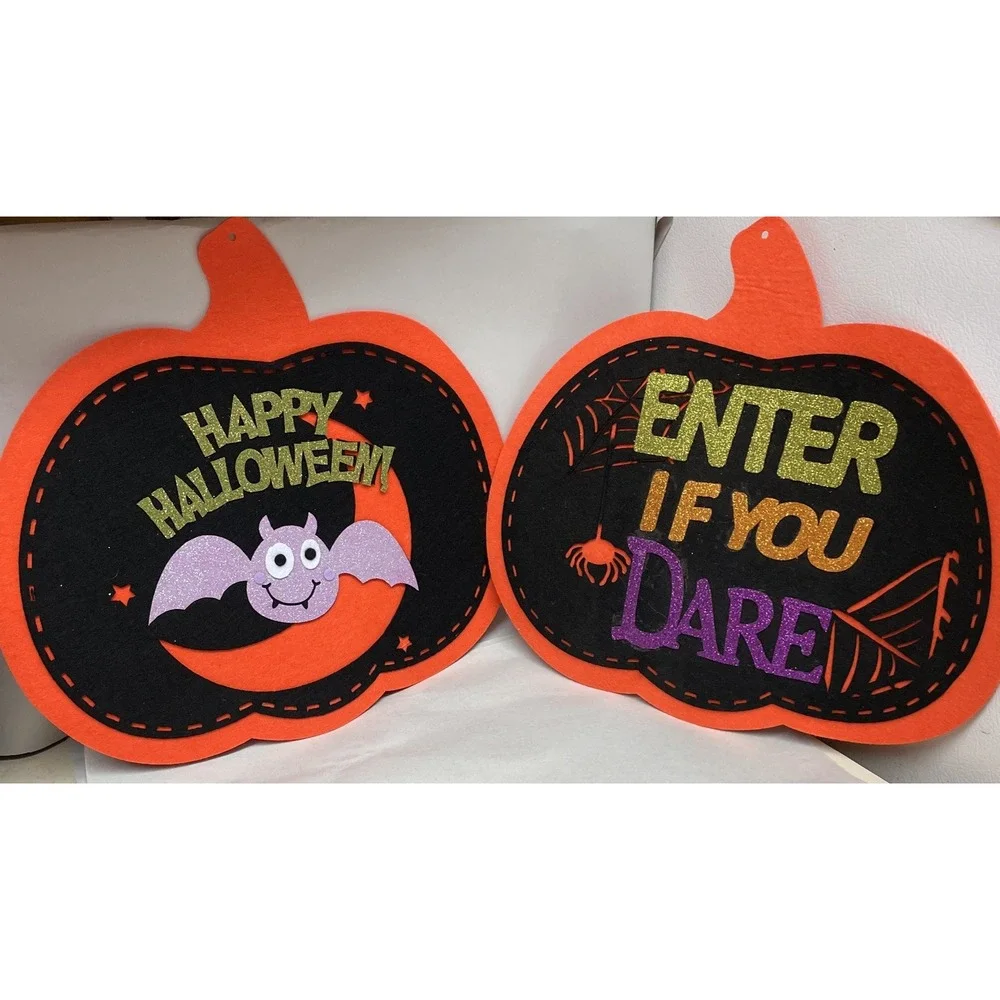2 Hanging Felt Halloween Pumpkin Decorations,Wall Hanging,Orange & Black Glitter